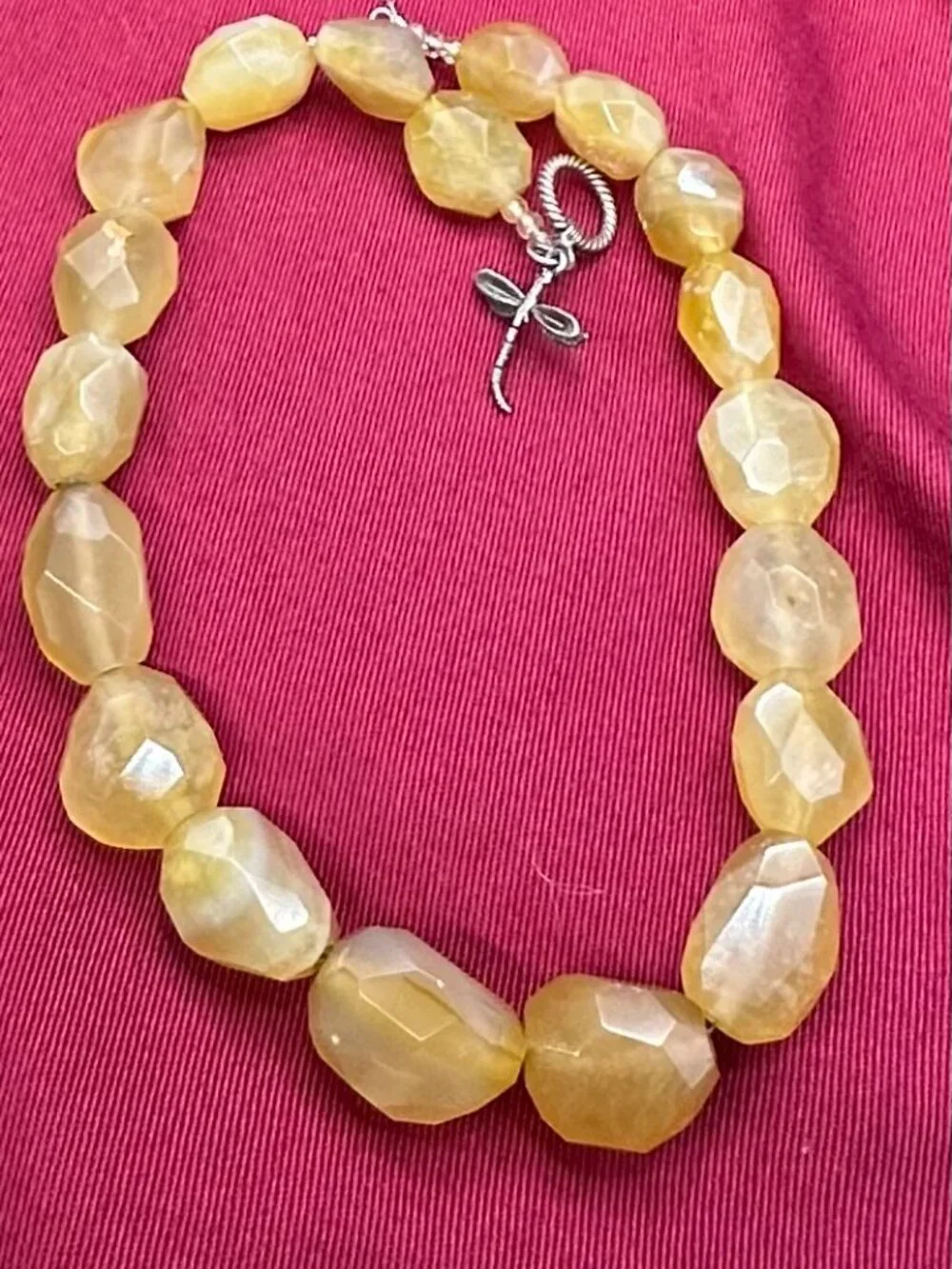 Yellow Faceted Gemstone Necklace. Sterling Dragonfly Charm